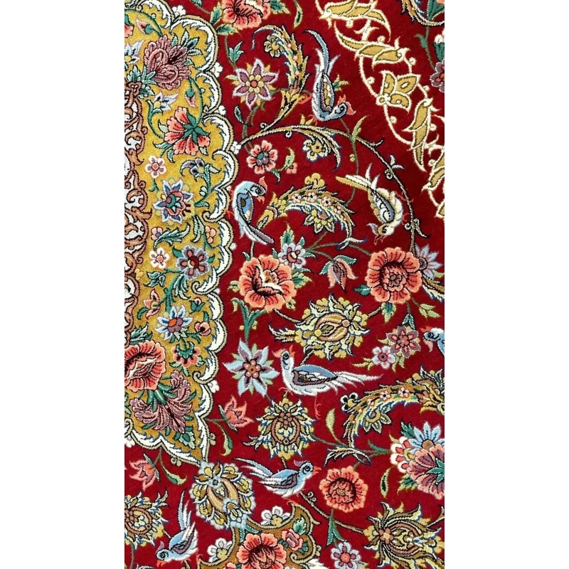 "Isfahan Persian rug, 240x160 cm, handmade with silk warp and wool pile, featuring a high knot density and intricate Persian designs."