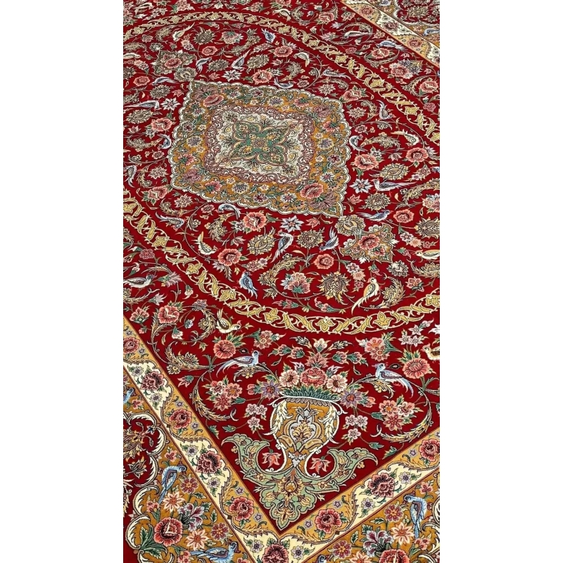 "Elegant Persian Isfahan rug, hand-knotted with silk warp and wool blend, 240 cm x 160 cm, designed by master weaver Akhtarian."