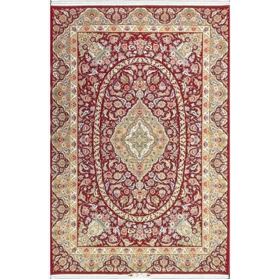 "Hand-knotted red Isfahan Persian rug, 240x160 cm, crafted with 1,000,000 knots per square meter. Made in Isfahan, Iran, by renowned weaver Akhtarian."
