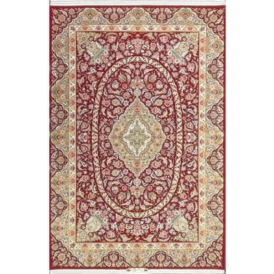 "Hand-knotted red Isfahan Persian rug, 240x160 cm, crafted with 1,000,000 knots per square meter. Made in Isfahan, Iran, by renowned weaver Akhtarian."

