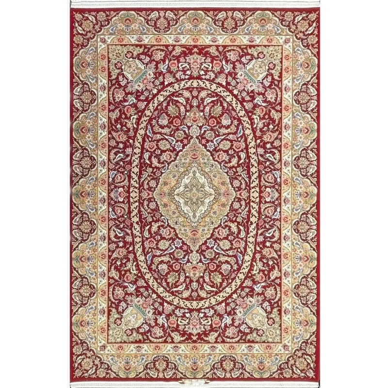 "Hand-knotted red Isfahan Persian rug, 240x160 cm, crafted with 1,000,000 knots per square meter. Made in Isfahan, Iran, by renowned weaver Akhtarian."