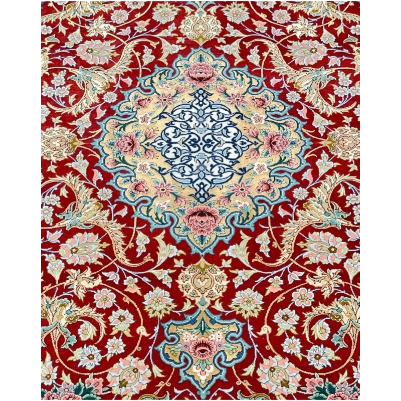 Luxury Persian rug with intricate design in gold and red