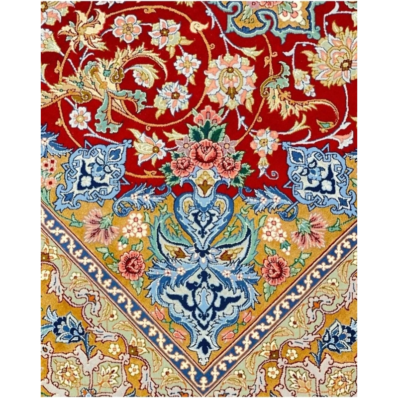 Hand-knotted Persian rug from Isfahan with detailed patterns, gold and red tones