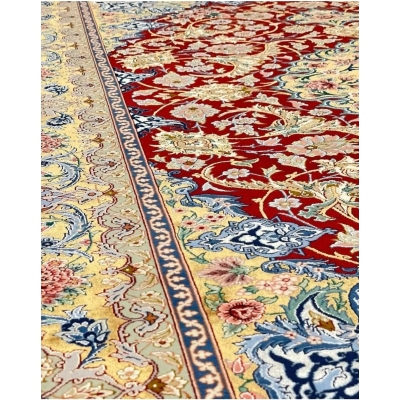 Handwoven Persian rug with gold and red colors, 230x150 cm, Akhtarian