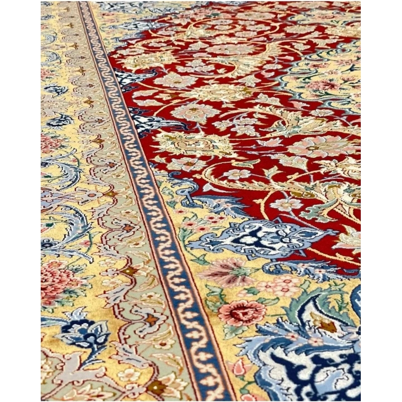 Handwoven Persian rug with gold and red colors, 230x150 cm, Akhtarian