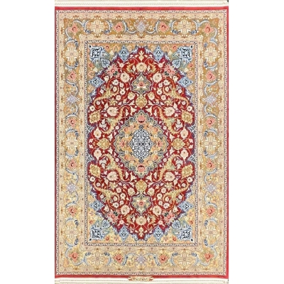 Handwoven gold and red Persian rug by Akhtarian, 230x150 cm