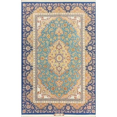 "Hand-knotted Isfahan Persian rug, 250 x 170 cm, made with wool and silk by renowned weaver Akhtarian. Knot density of 810,000 knots per square meter."
