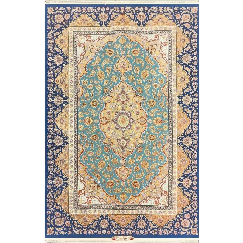 "Hand-knotted Isfahan Persian rug, 250 x 170 cm, made with wool and silk by renowned weaver Akhtarian. Knot density of 810,000 knots per square meter."
