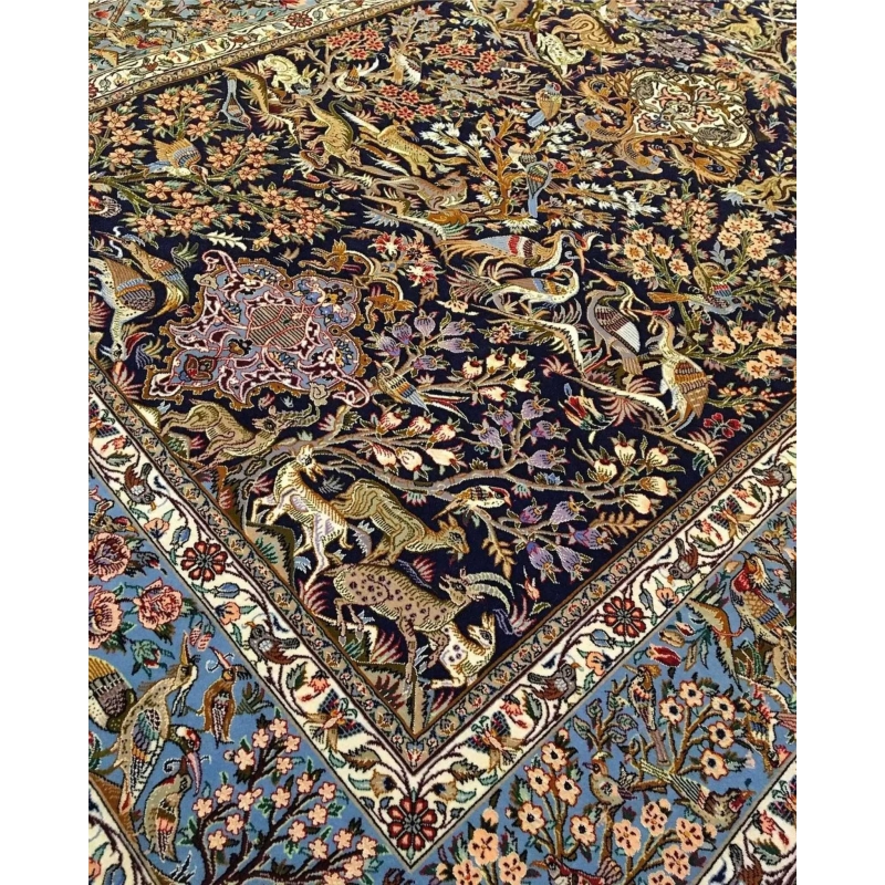 "Luxury Persian carpet from Isfahan, Iran, made of silk and wool with Persian wildlife and floral motifs."