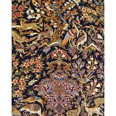 "Premium handmade Persian rug with birds, floral vines, and wildlife on a black background."