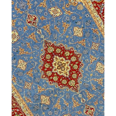 "Isfahan Persian rug for sale, handwoven with silk and wool blend, approximately 7.5 x 5.2 feet in size, by Saieed Davarie."