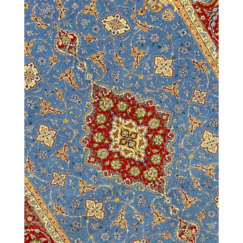 "Isfahan Persian rug for sale, handwoven with silk and wool blend, approximately 7.5 x 5.2 feet in size, by Saieed Davarie."