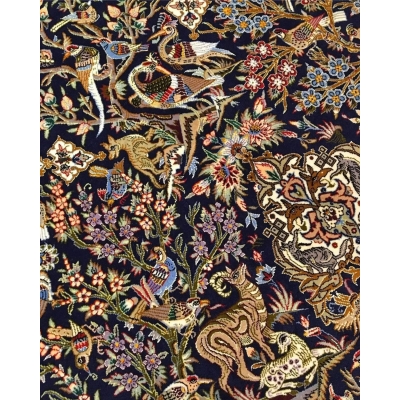 "Persian hunting scene rug with silk highlights, handwoven in Isfahan, Iran."
