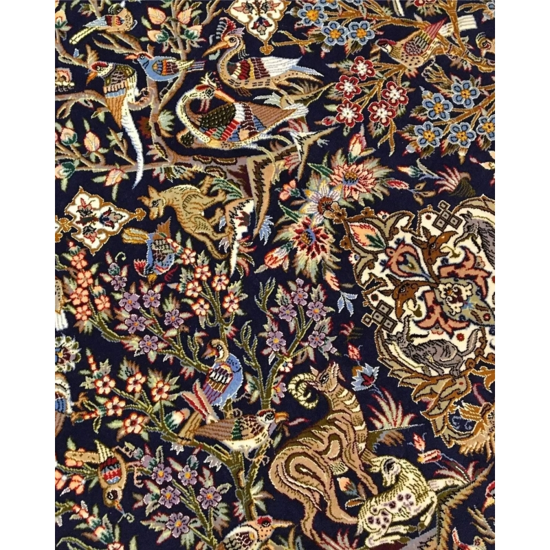 "Persian hunting scene rug with silk highlights, handwoven in Isfahan, Iran."