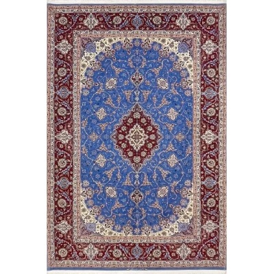 "Hand-knotted Saieed Davarie Persian rug, crafted in Isfahan, featuring a silk and wool blend in blue and red design."
