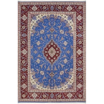 "Hand-knotted Saieed Davarie Persian rug, crafted in Isfahan, featuring a silk and wool blend in blue and red design."
