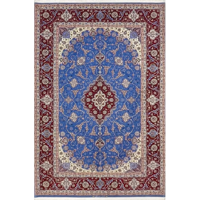"Hand-knotted Saieed Davarie Persian rug, crafted in Isfahan, featuring a silk and wool blend in blue and red design."