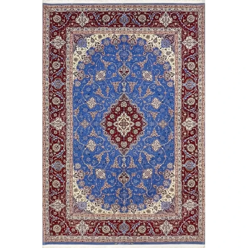 "Hand-knotted Saieed Davarie Persian rug, crafted in Isfahan, featuring a silk and wool blend in blue and red design."