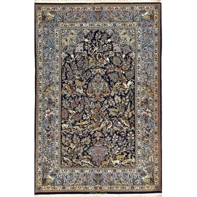 "Hand-knotted Isfahan Persian rug by Master Mansourie, featuring an intricate hunting scene."