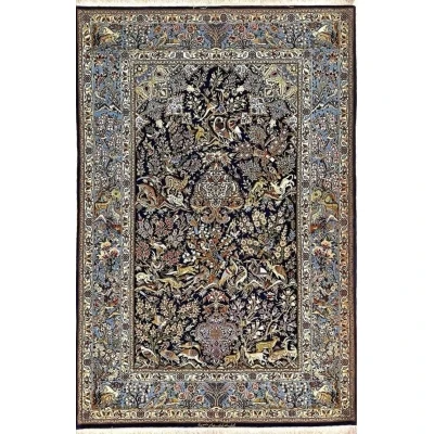 "Hand-knotted Isfahan Persian rug by Master Mansourie, featuring an intricate hunting scene."