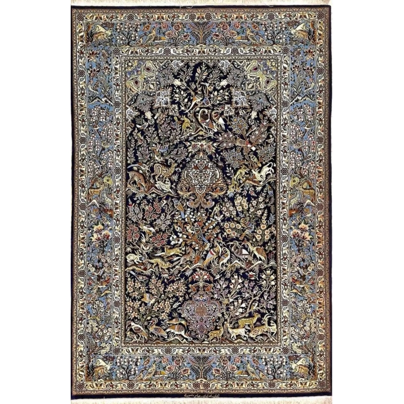 "Hand-knotted Isfahan Persian rug by Master Mansourie, featuring an intricate hunting scene."
