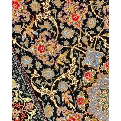 "Hand-knotted Persian rug from Isfahan, showcasing a blend of wool and silk."