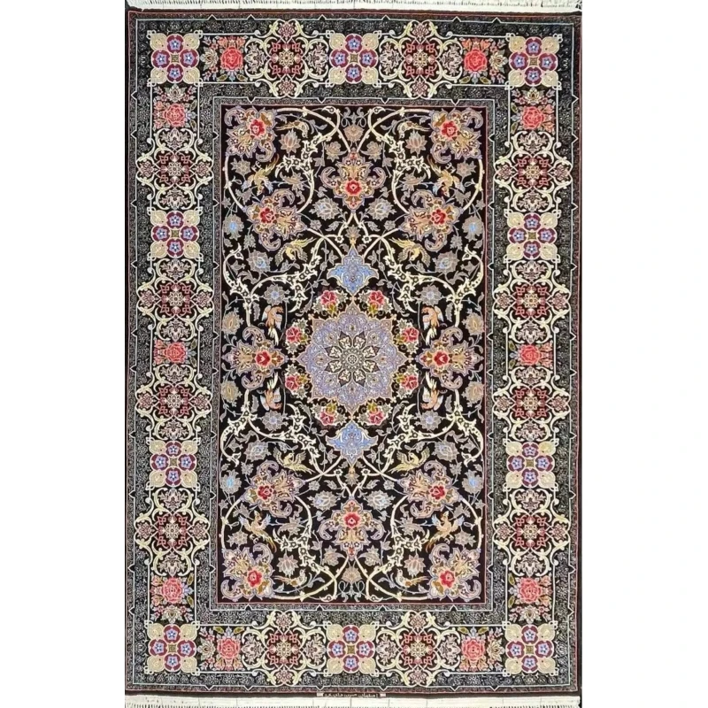 "Authentic Isfahan Persian rug in wool and silk with intricate floral design."