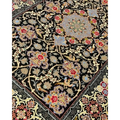 "Isfahan Persian carpet, knotted by hand, featuring wool and silk blend."