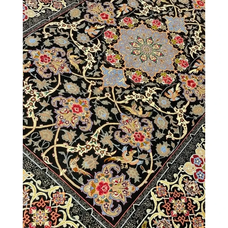 "Isfahan Persian carpet, knotted by hand, featuring wool and silk blend."