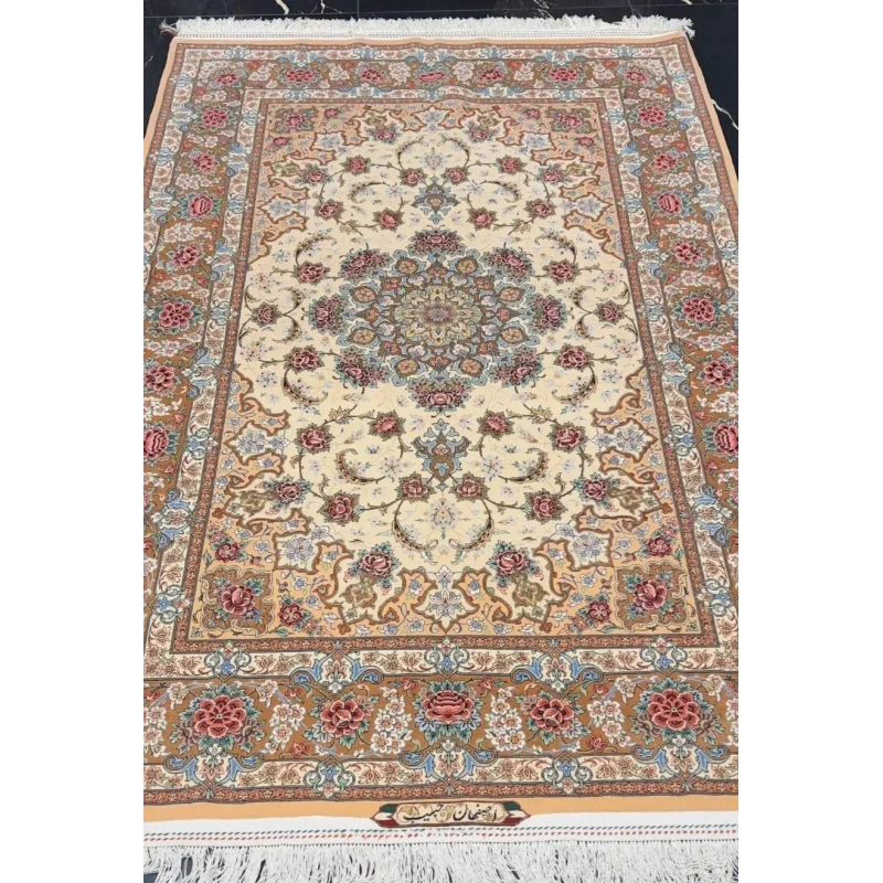 "Premium Isfahan Persian rug, handwoven in Iran using wool and silk, 220 cm x 150 cm. Stunning floral motifs, dense 810,000 knots/m², perfect for adding elegance to any living space."