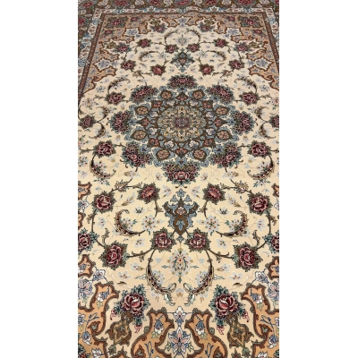 "Exquisite hand-knotted Isfahan Persian rug crafted from silk and wool, measuring 220 cm x 150 cm, with intricate floral patterns and a knot density of 810,000/m², showcasing premium Iranian craftsmanship."