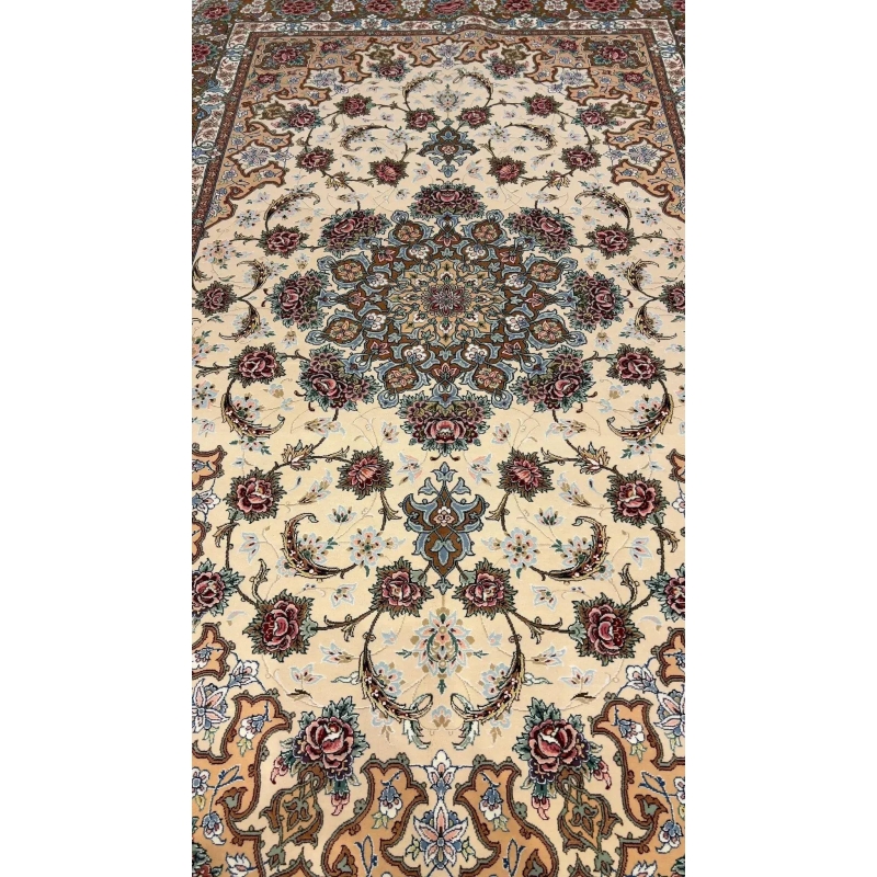 "Exquisite hand-knotted Isfahan Persian rug crafted from silk and wool, measuring 220 cm x 150 cm, with intricate floral patterns and a knot density of 810,000/m², showcasing premium Iranian craftsmanship."