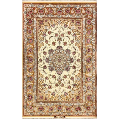 "Authentic hand-knotted Persian rug from Isfahan, Iran - luxurious wool and silk design measuring 220 cm x 150 cm (7.2 feet x 4.9 feet) with intricate floral patterns and superior craftsmanship."