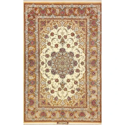 "Authentic hand-knotted Persian rug from Isfahan, Iran - luxurious wool and silk design measuring 220 cm x 150 cm (7.2 feet x 4.9 feet) with intricate floral patterns and superior craftsmanship."

