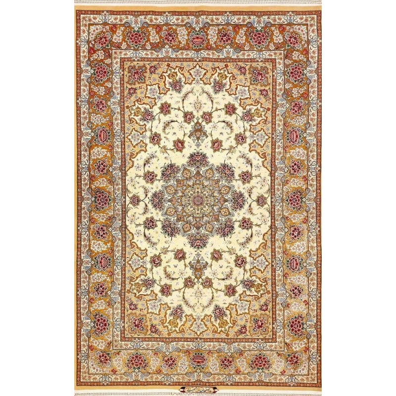 "Authentic hand-knotted Persian rug from Isfahan, Iran - luxurious wool and silk design measuring 220 cm x 150 cm (7.2 feet x 4.9 feet) with intricate floral patterns and superior craftsmanship."