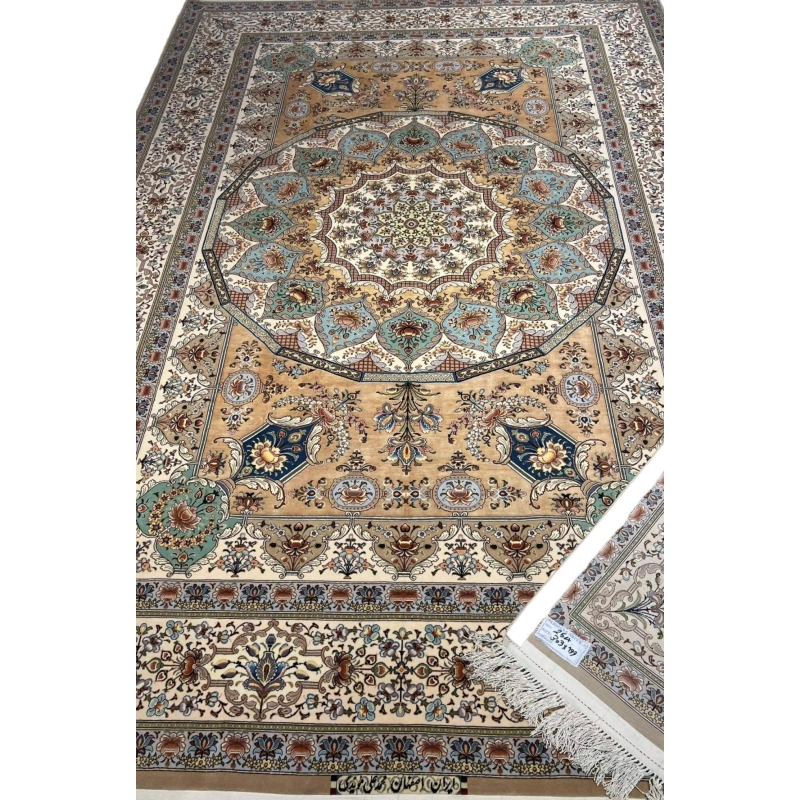 "Hand-knotted Persian Isfahan rug featuring intricate floral and medallion patterns by Master Moaiedie."