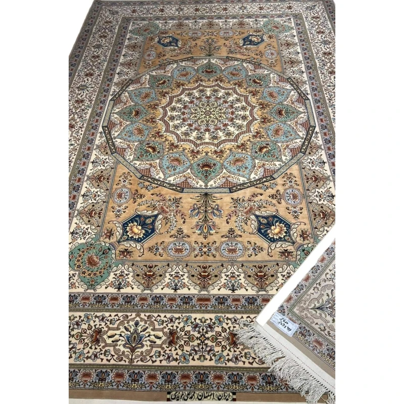 "Hand-knotted Persian Isfahan rug featuring intricate floral and medallion patterns by Master Moaiedie."