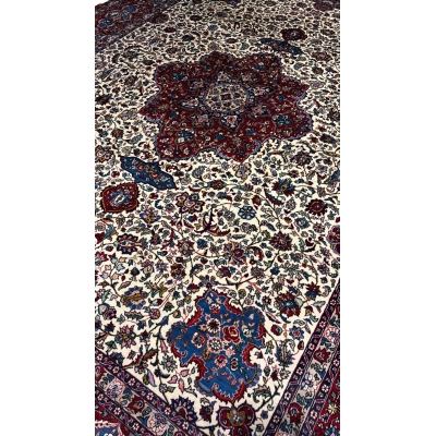 "Floral motif Persian rug with silk and wool, natural dyed antique piece"