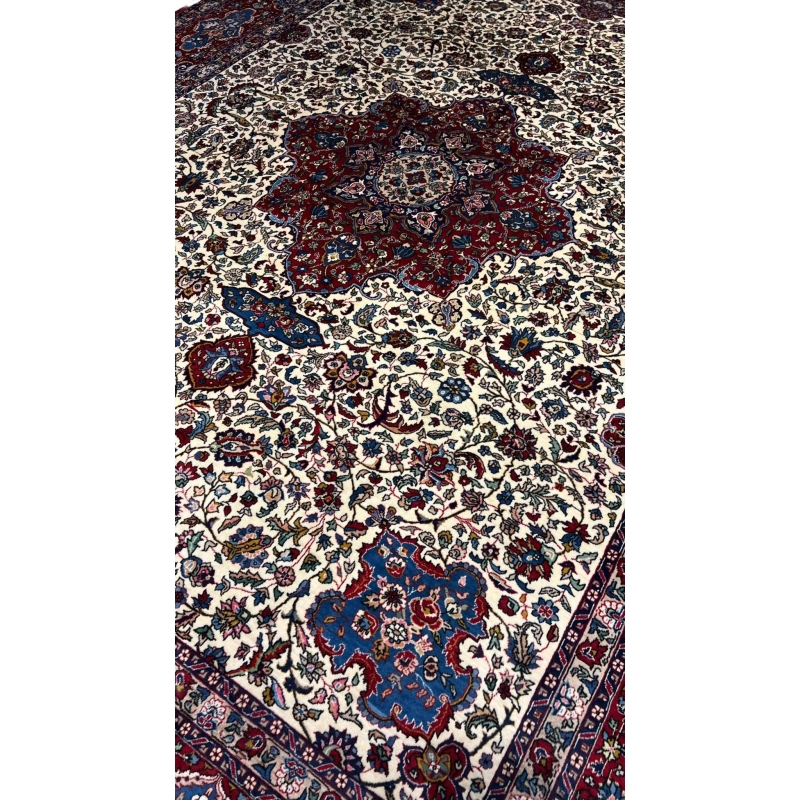 "Floral motif Persian rug with silk and wool, natural dyed antique piece"