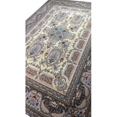 "Timeless Isfahan rug featuring intricate floral and medallion designs, blending wool and silk."