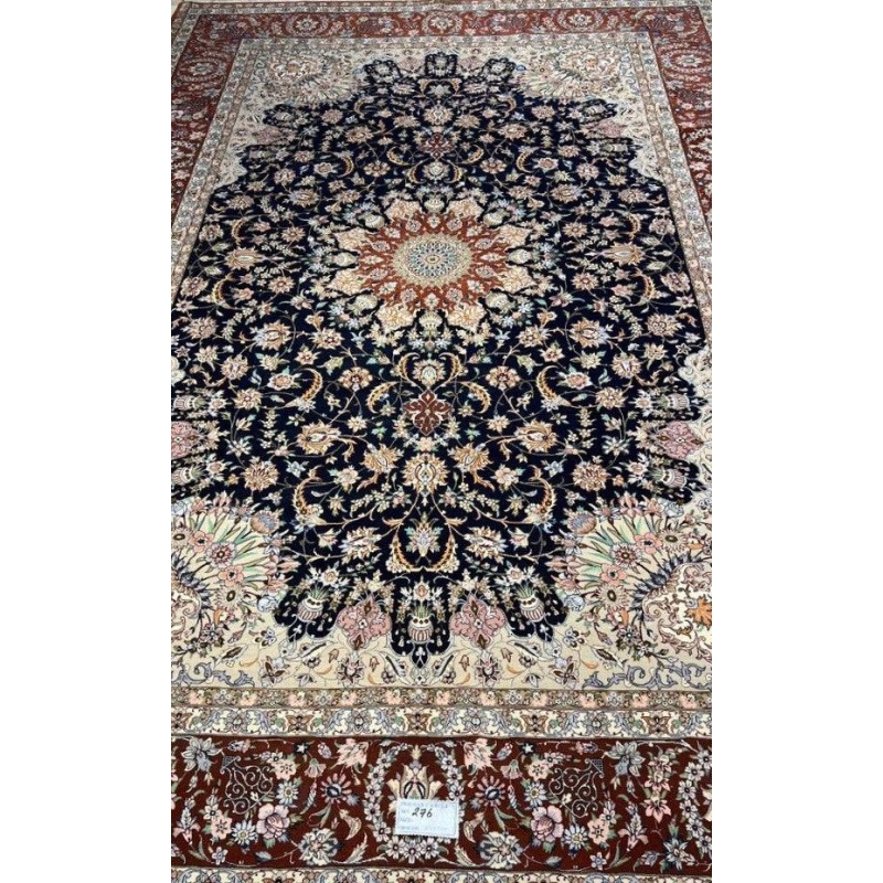 "Premium Persian rug with deep navy, burgundy, and ivory floral patterns, perfect for luxury home decor."