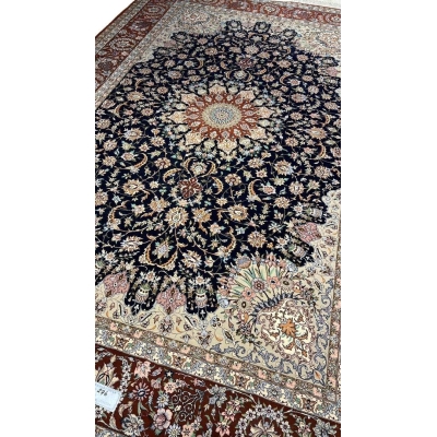 "Handwoven Persian rug crafted with silk and wool blend, highlighting a classic Persian medallion design."