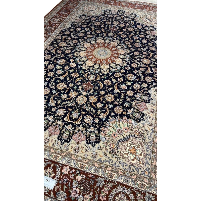 "Handwoven Persian rug crafted with silk and wool blend, highlighting a classic Persian medallion design."