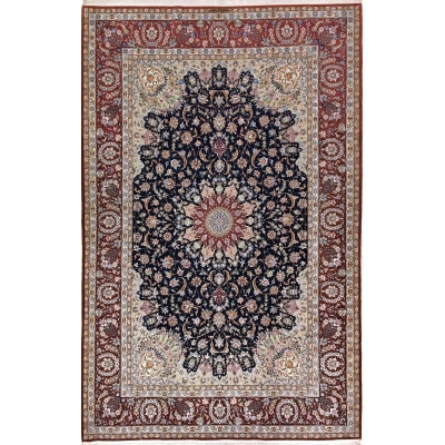 "Luxurious Isfahan Persian rug, hand-knotted by Deghani.M, with an intricate floral medallion design."