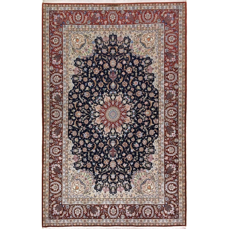 "Luxurious Isfahan Persian rug, hand-knotted by Deghani.M, with an intricate floral medallion design."