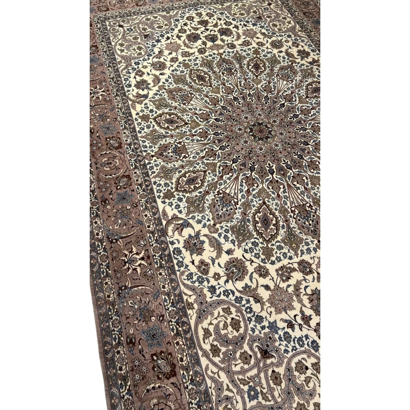Beige and brown Persian carpet with high knot density.
