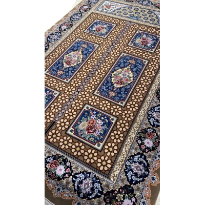 Handwoven Persian carpet featuring floral medallions.
