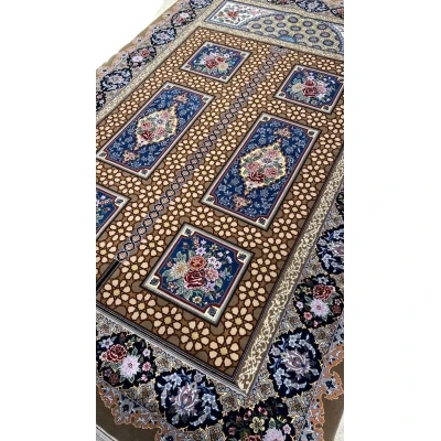 Handwoven Persian carpet featuring floral medallions.