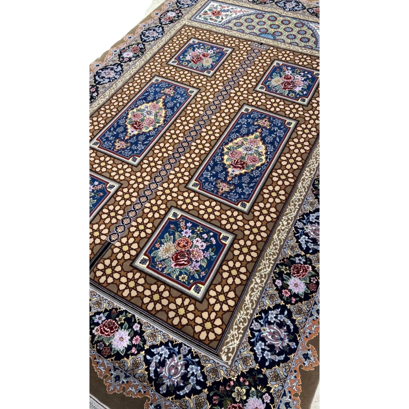 Handwoven Persian carpet featuring floral medallions.