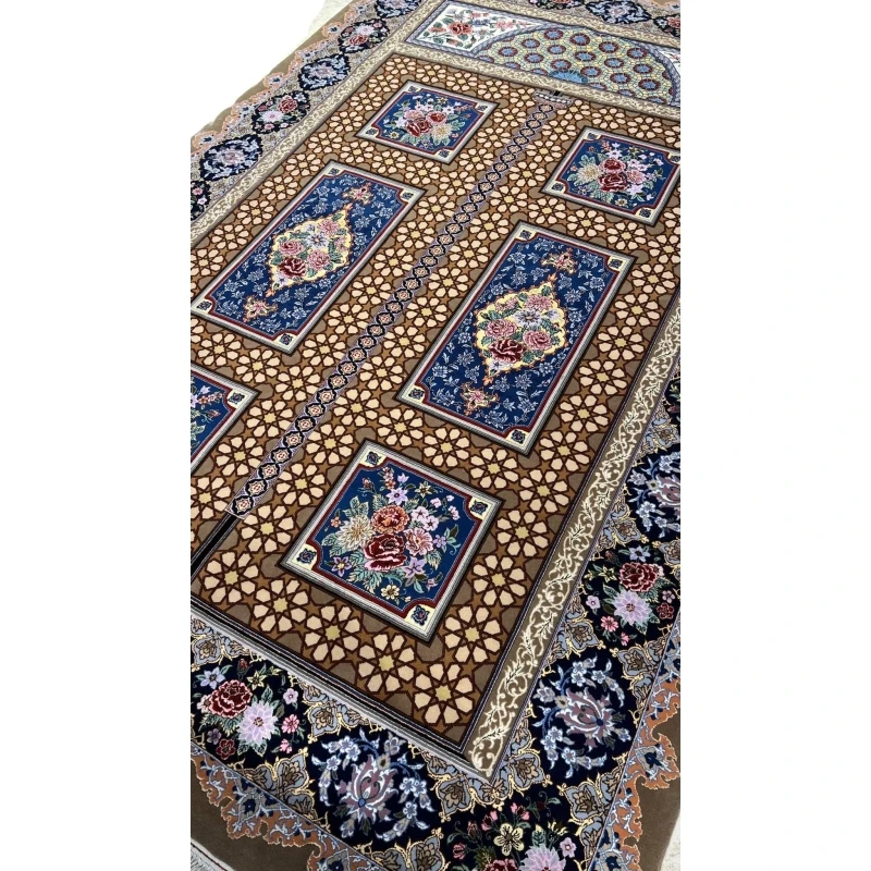 Handwoven Persian carpet featuring floral medallions.